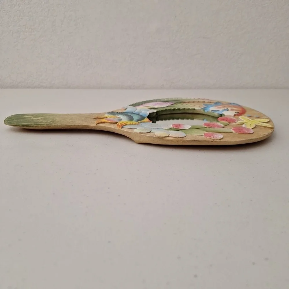 Vtg Tropical Fish Underwater Solid Wood Carved Handheld Mirror INDONESIA 14